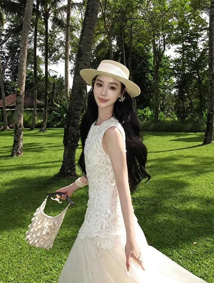 【dress】ノースリーブレースドッキングロングワンピース Q8466