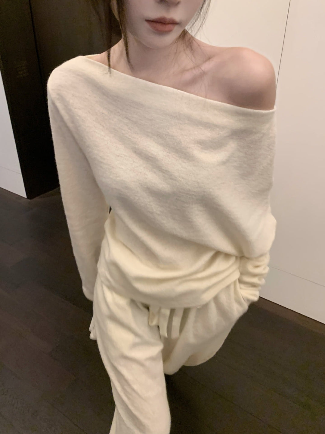 【set】オフショルダーニットトップス×ワイドパンツセット　M28277