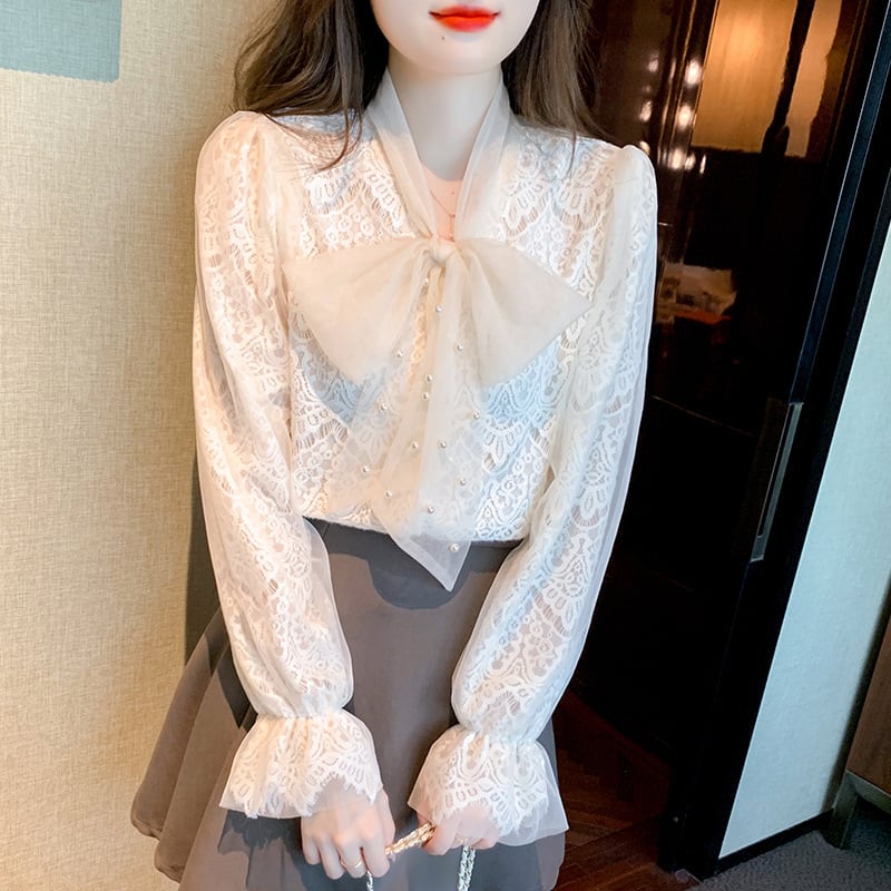 【tops】リボン付きレースシャツトップス　M18251
