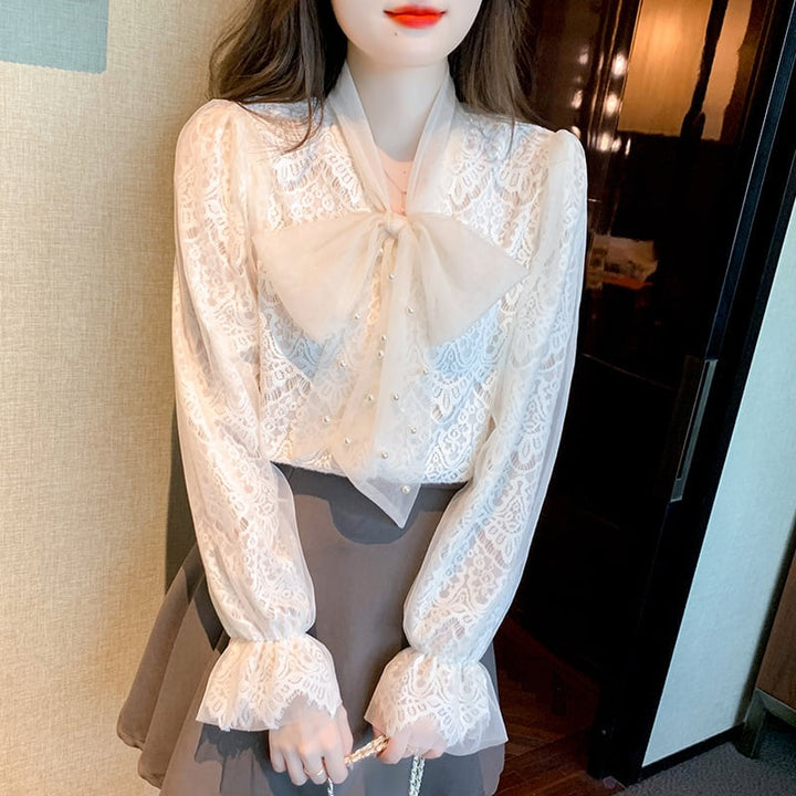 【tops】リボン付きレースシャツトップス　M18251