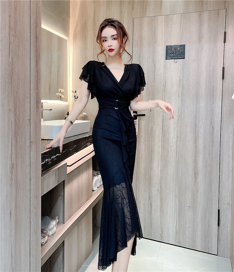【dress】美人度アップVネックマーメイドワンピース　M17020