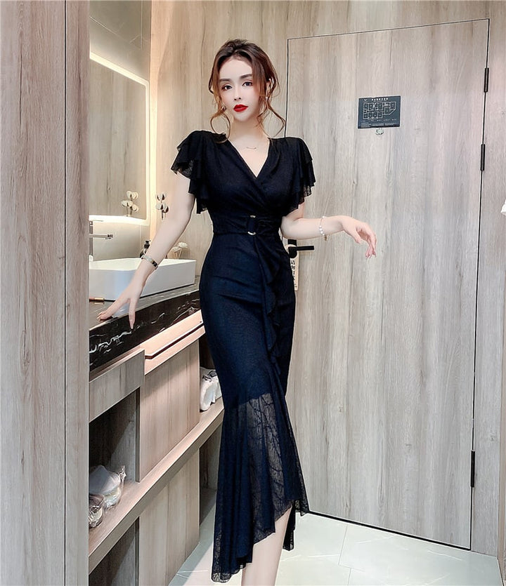 【dress】美人度アップVネックマーメイドワンピース　M17020