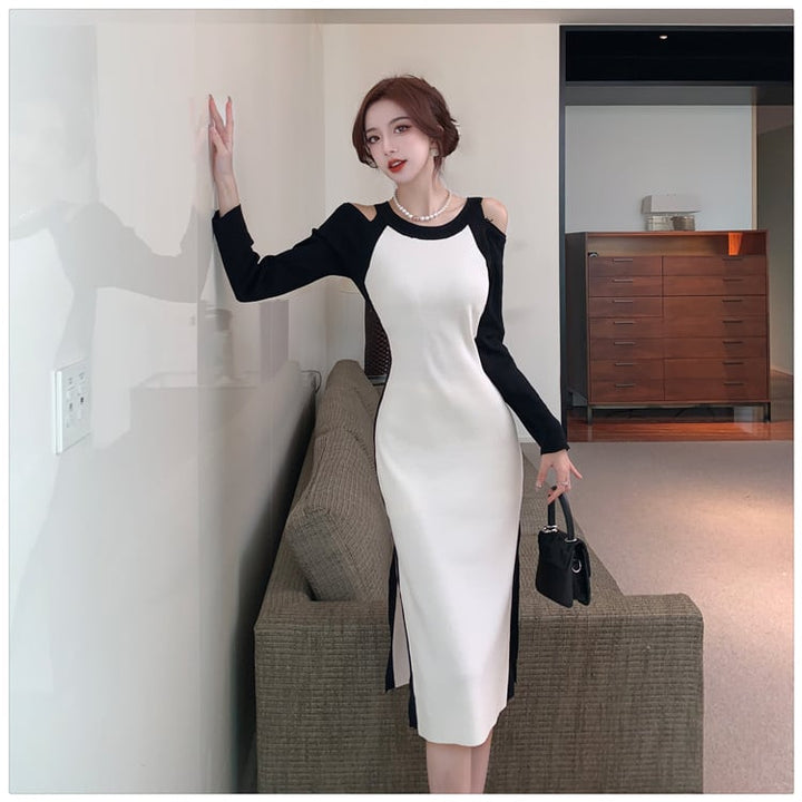 【dress】オフショルダースリットニットワンピース　M17920
