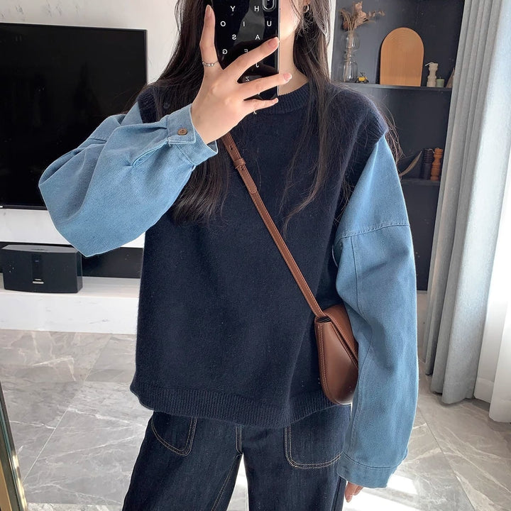 【tops】デニム切り替えニットセーター　M26730