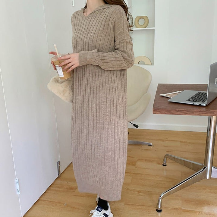 【dress】韓国系シンプルフード付きニットワンピース　M17494