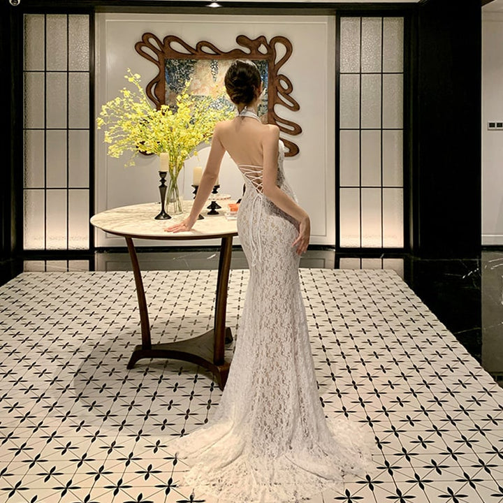 【dress】ホルターネックレースワンピース Q7582