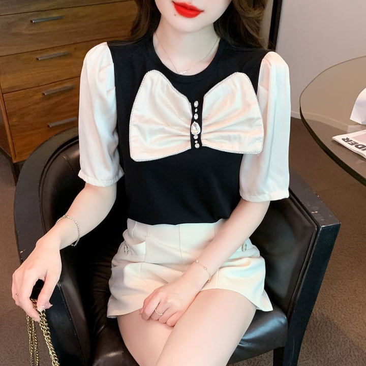 【tops】知的で品の良い♡エレガントリボン付きTシャツ　M16838