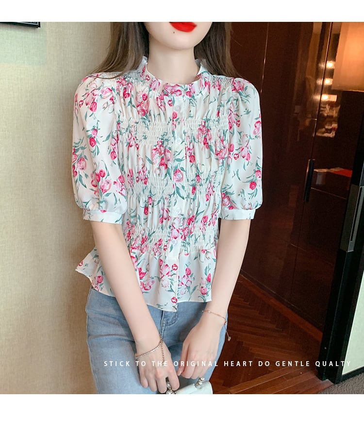 【tops】美人度アップスウィートパフスリーブ花柄トップス　M17339