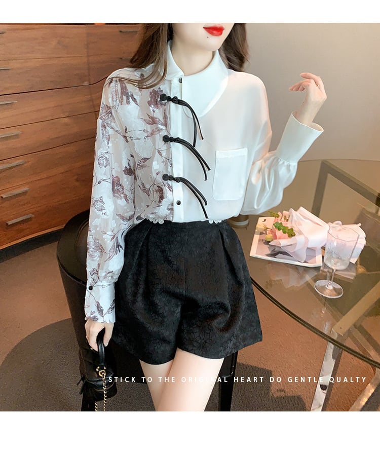 【tops】プリントドッキングシャツトップス　M18287