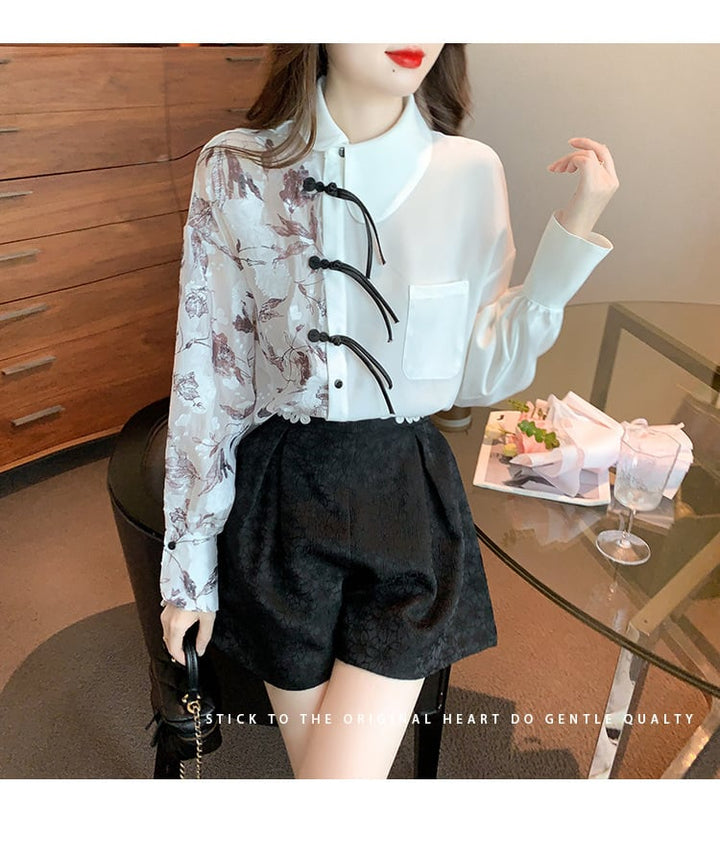 【tops】プリントドッキングシャツトップス　M18287
