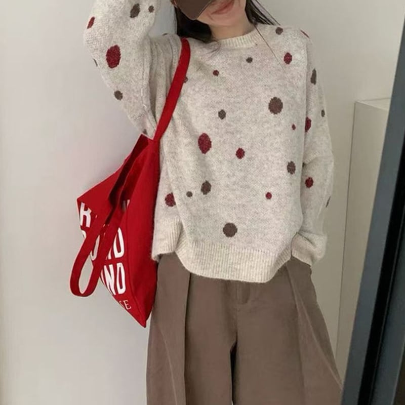 【tops】ドット柄ニットトップス Q7776