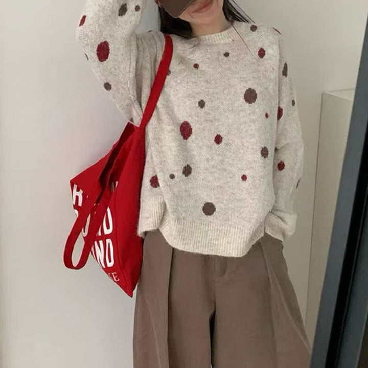 【tops】ドット柄ニットトップス Q7776
