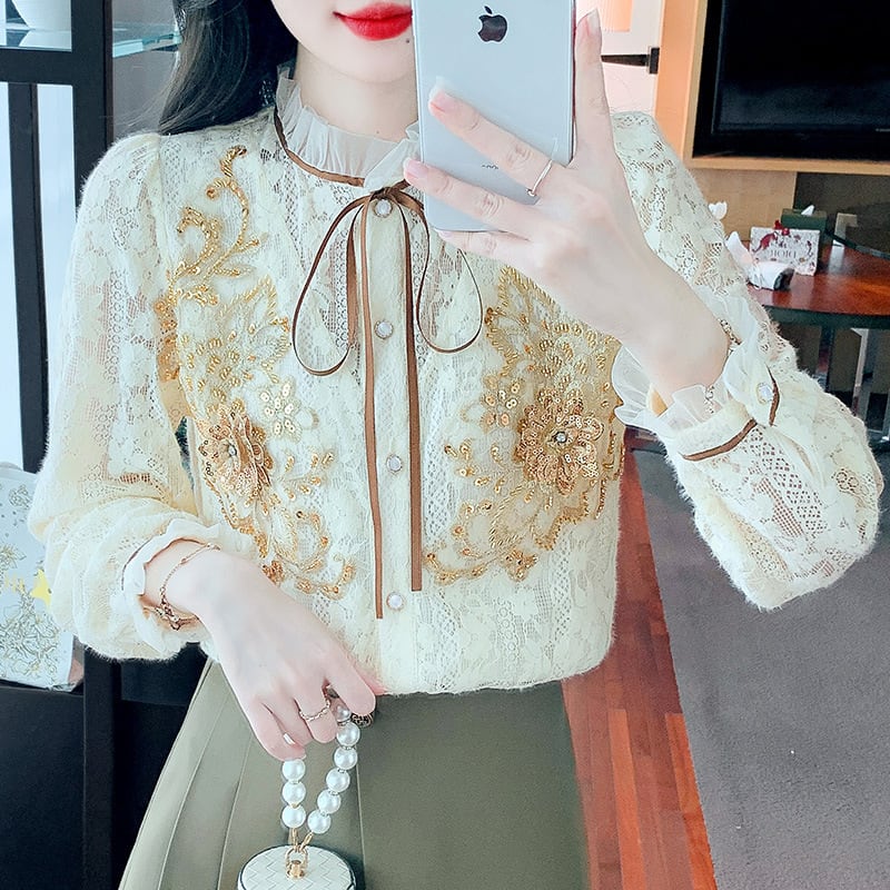 【tops】美人度アップエレガントレースシャツトップス　M16878