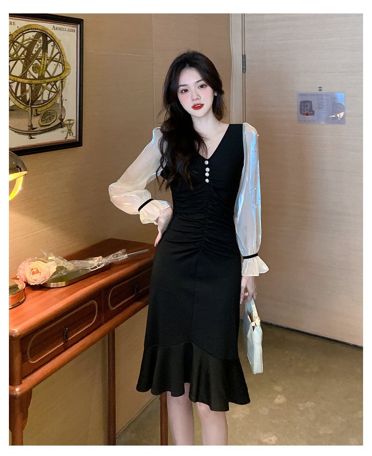 【dress】高級感 エレガントオシャレ切り替えワンピース　M17480