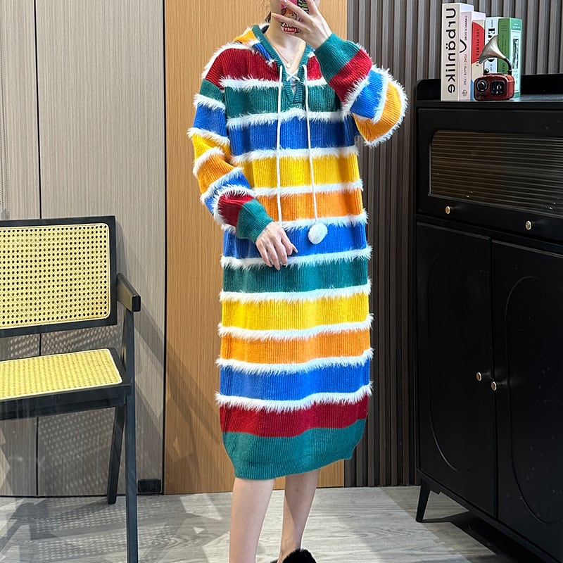 【dress】フード付きボーダー柄配色ニットワンピース　M18050