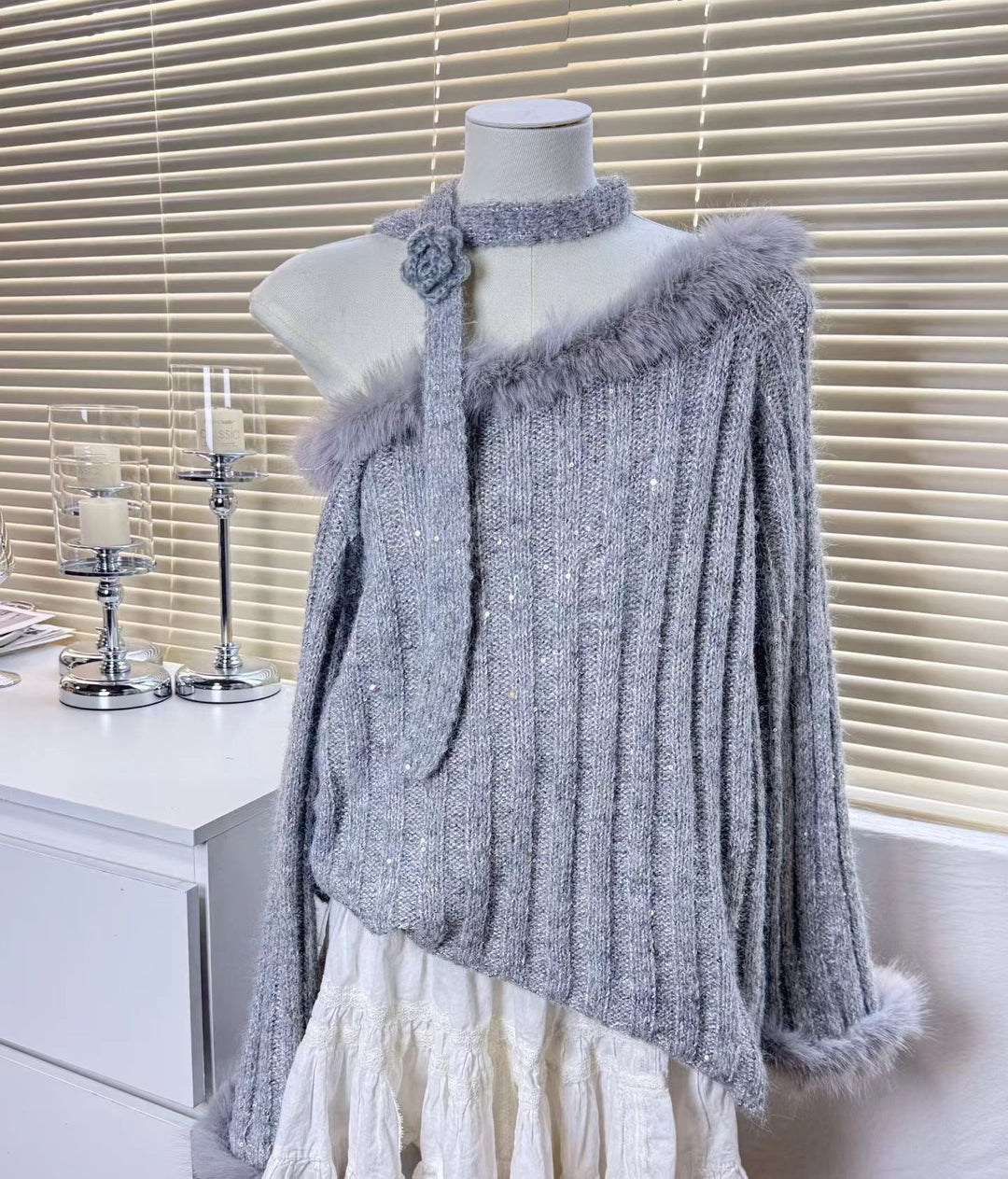 【tops】ファー付きニットトップス Q6954