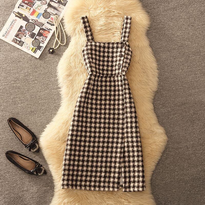 【dress】スリットチェック柄ツイードワンピース　N2263