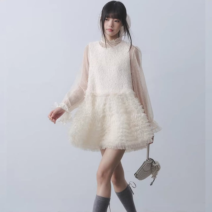 【dress】ギャザーフリルチュールドッキングベストワンピース Q7962