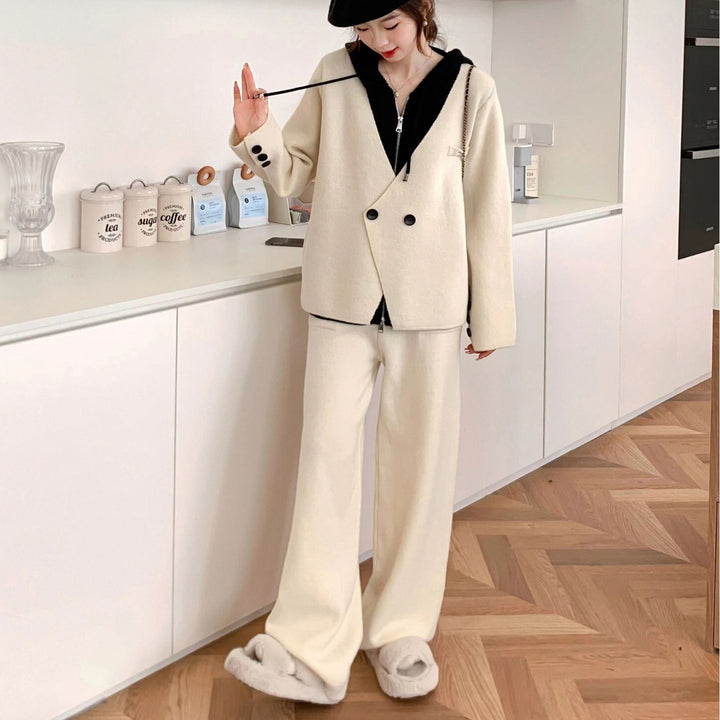 【set】ドッキングニットトップス×ワイドパンツセット　N2143