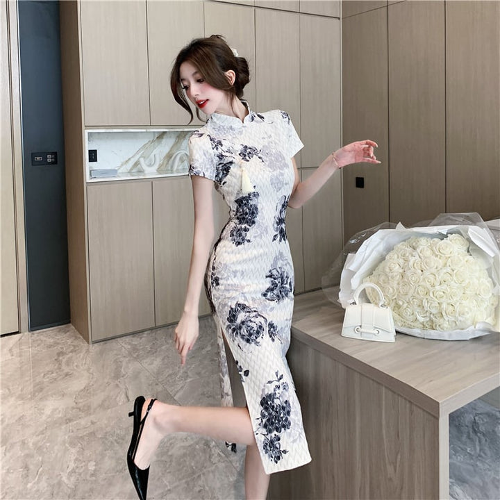 【dress】絶対流行エレガントスリットプリントワンピース　M16799