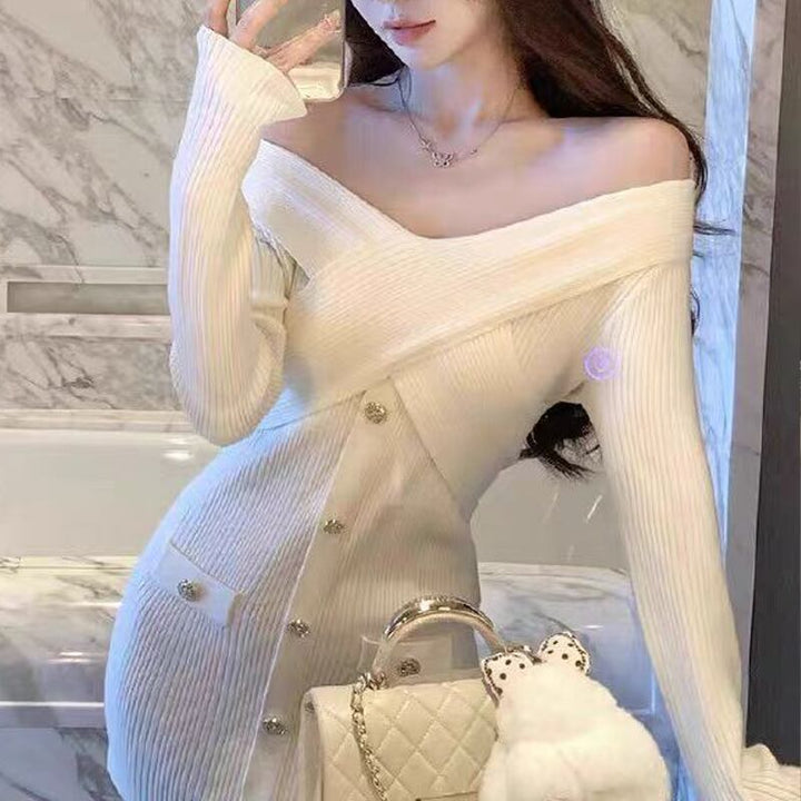 【dress】オフショルダーニットワンピース Q7594