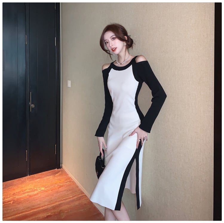 【dress】オフショルダースリットニットワンピース　M17920