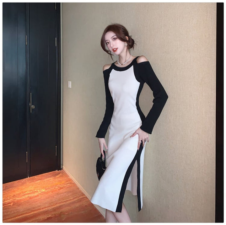 【dress】オフショルダースリットニットワンピース　M17920