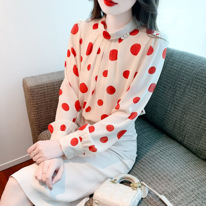 【tops】今季マストバイスタンドネックドット柄シャツ2色　M16882