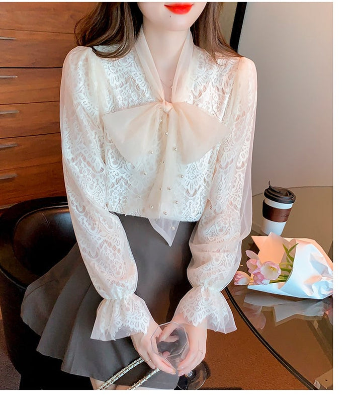【tops】リボン付きレースシャツトップス　M18251
