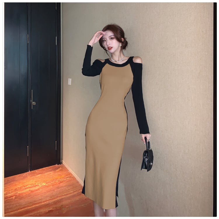【dress】オフショルダースリットニットワンピース　M17920
