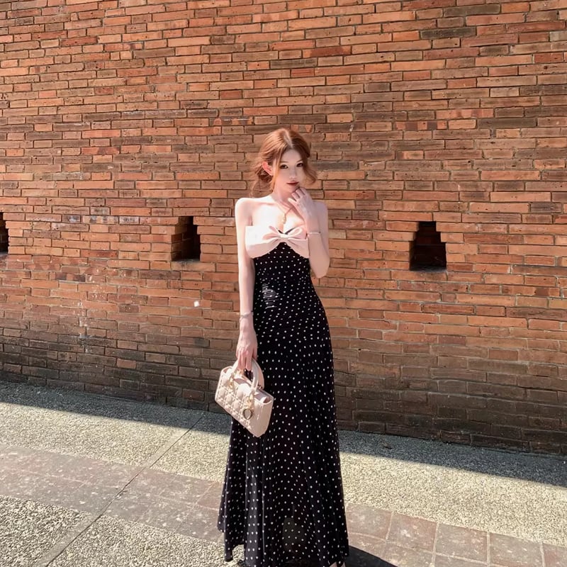 dress】ドット柄リボン付きロングワンピース Q8374 – NANASTYLE