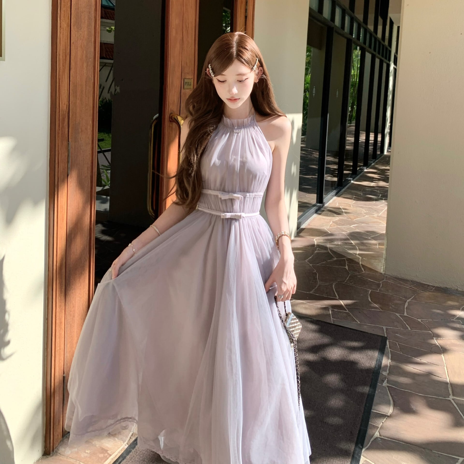 dress】バックリボンチュールロングワンピース N3217 – NANASTYLE