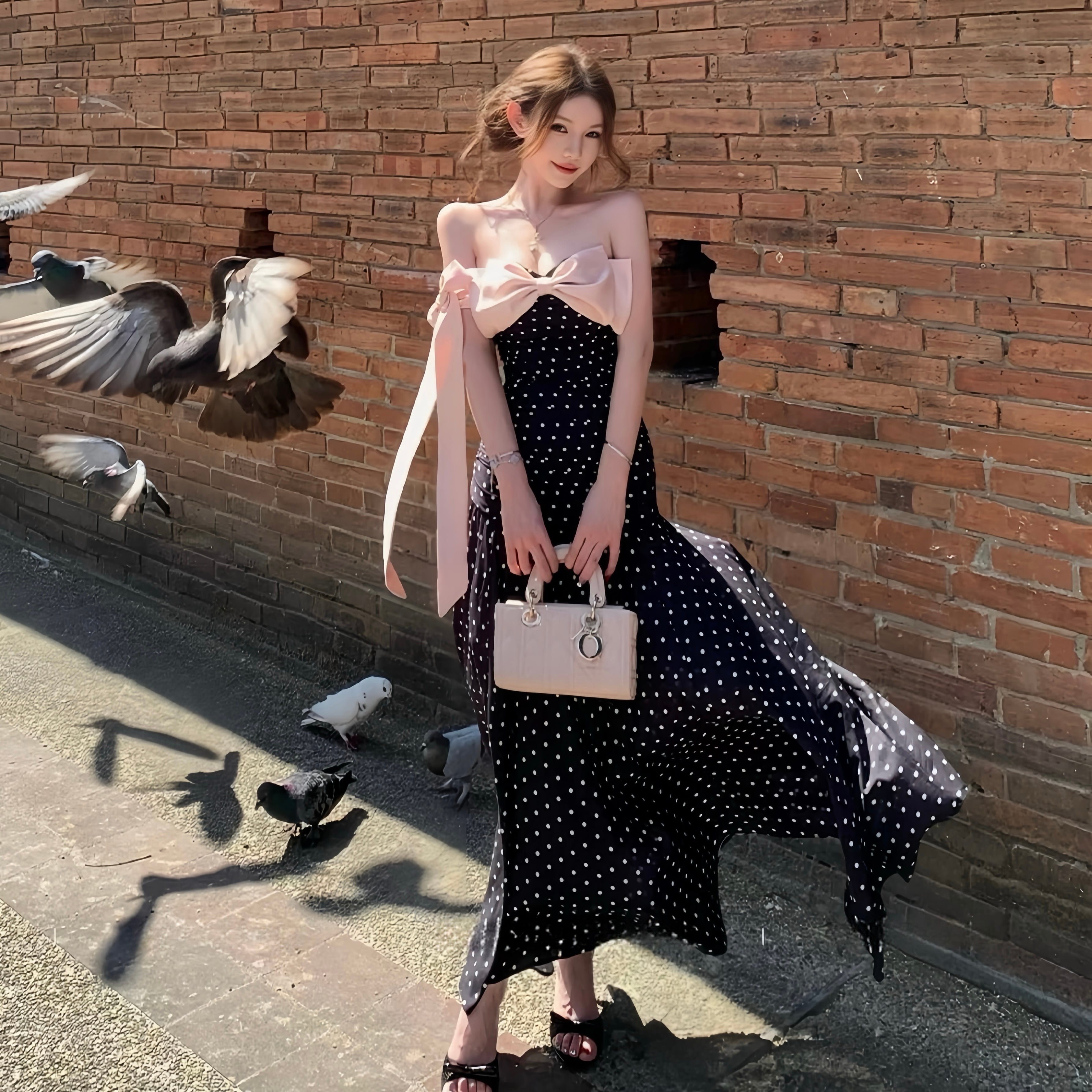 dress】ドット柄リボン付きロングワンピース Q8374 – NANASTYLE