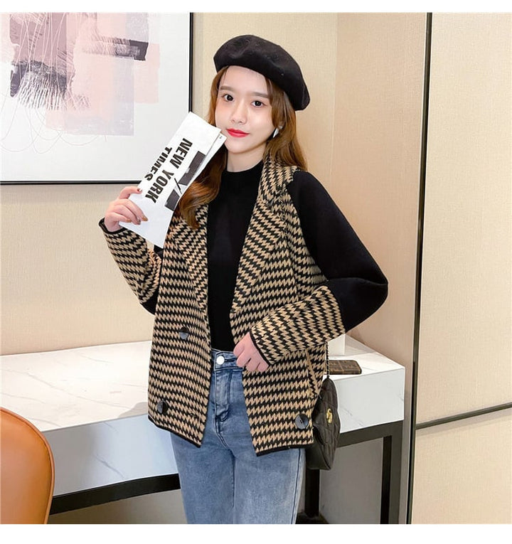 【outer】千鳥格子ドッキングニットコート　M18143