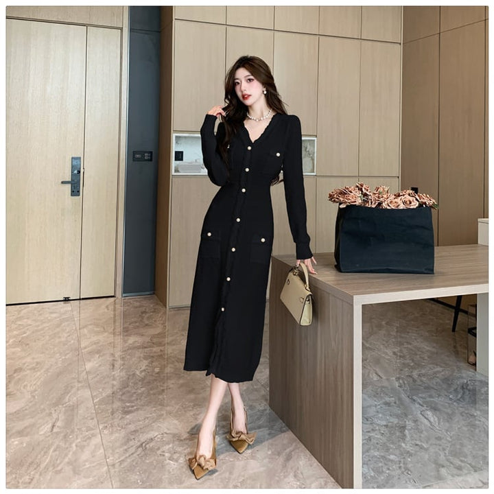 【dress】Vネックボタンデザインニットワンピース　M17919