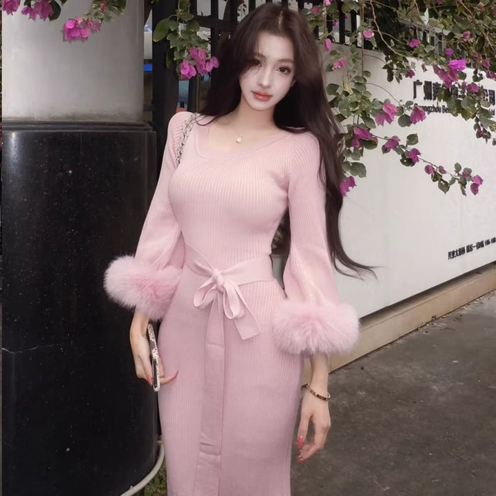 【dress】袖ファーロングニットワンピース Q7811