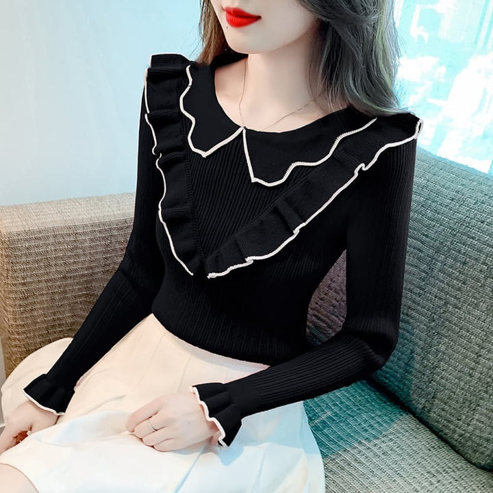 【tops】折り襟フリルニットトップス　M18137