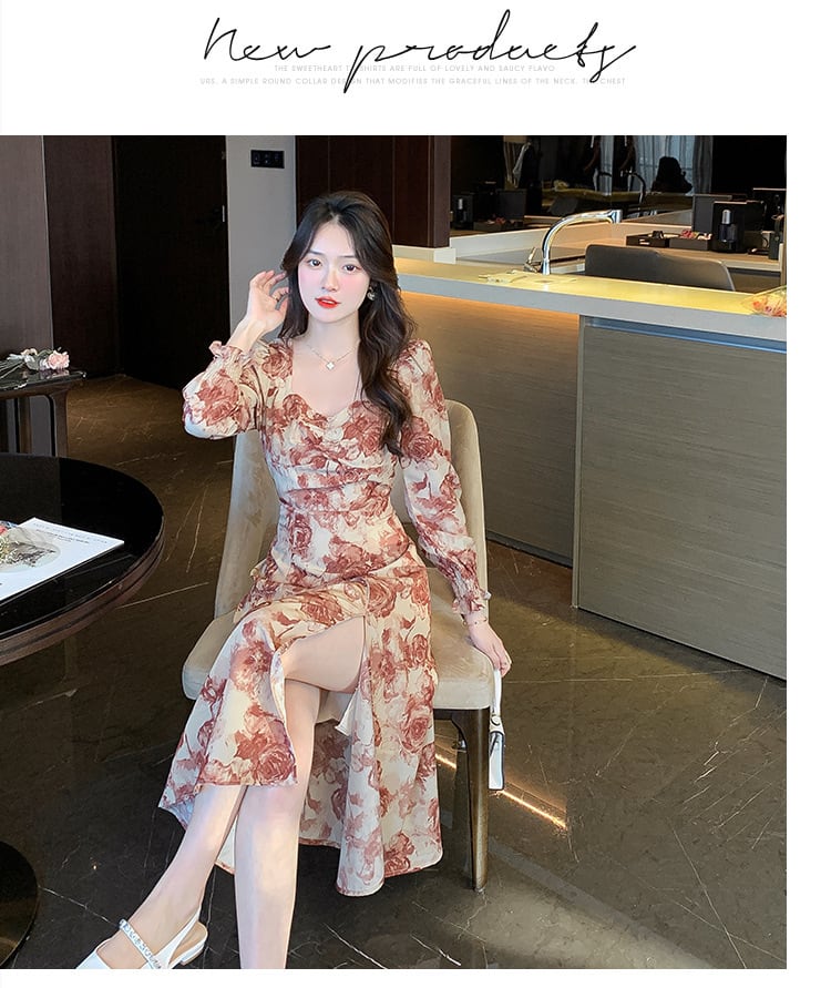 【dress】話題沸騰中 オシャレスリット花柄ワンピース　M17306