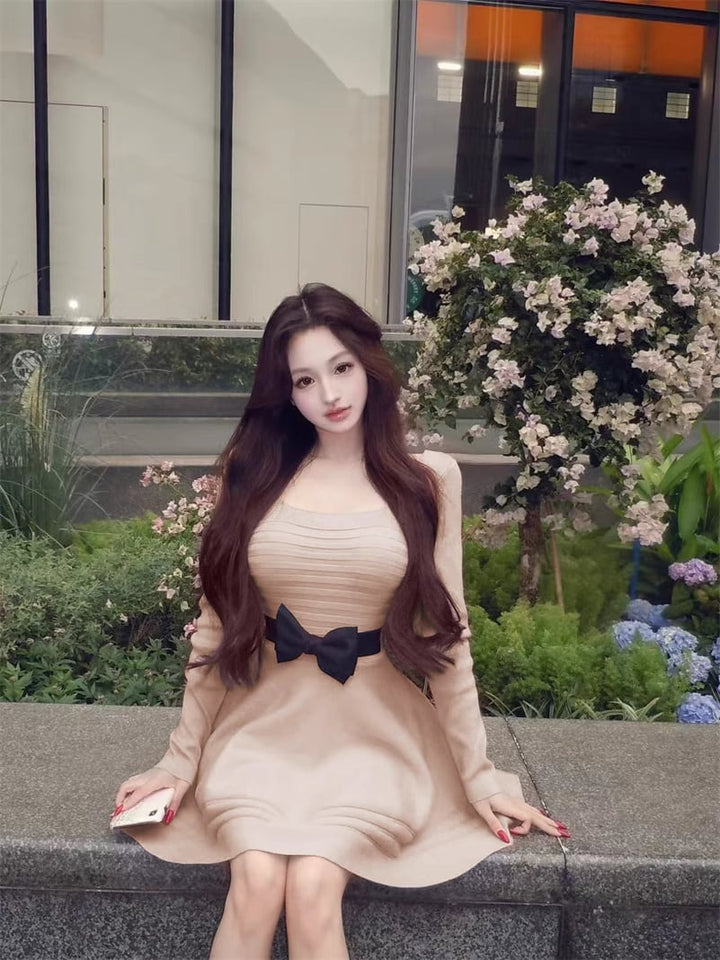 【dress】リボンベルト付きニットワンピース Q7343