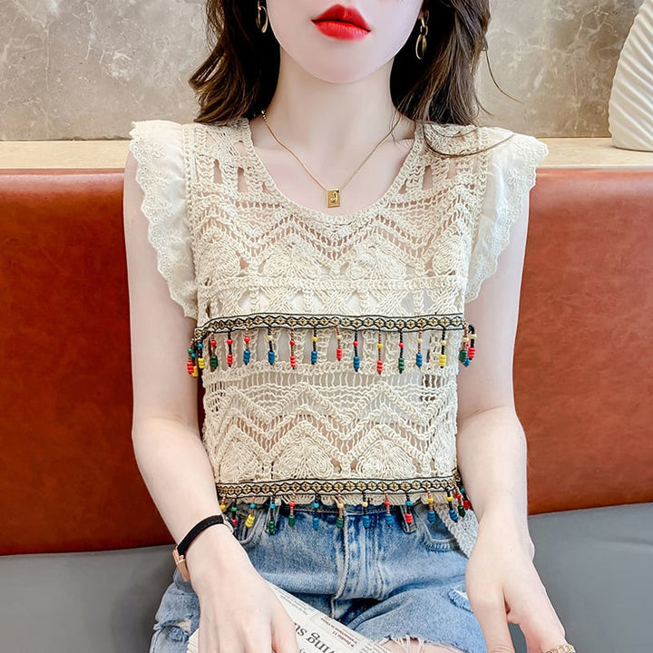 【tops】大人可愛いカットワークノースリーブトップス　M17059