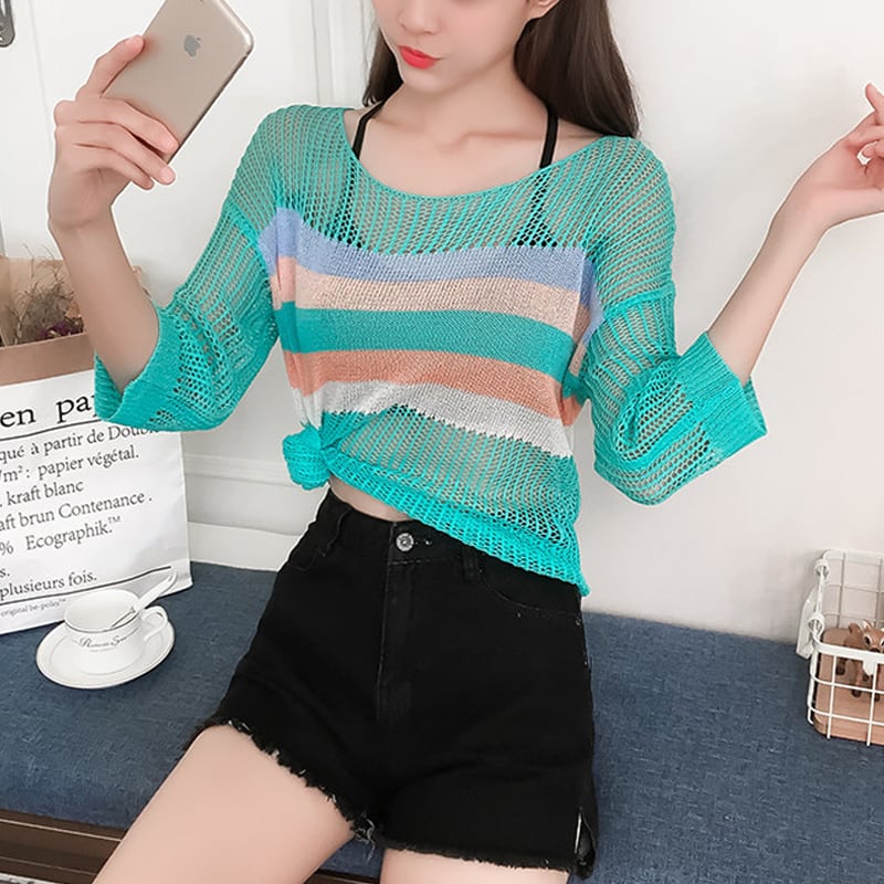 【tops】7 分袖透かしトップス Q8287