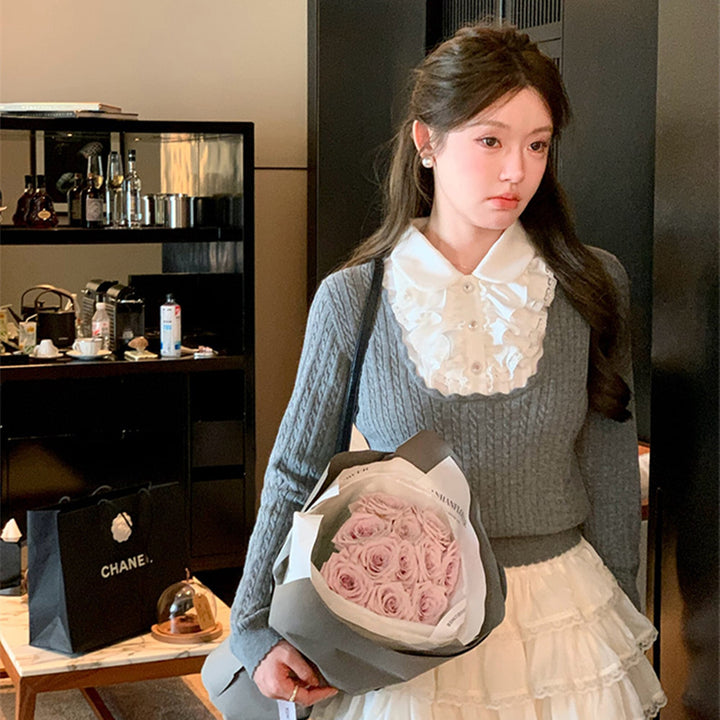 【tops】レースフリルドッキングニットトップス　N3362