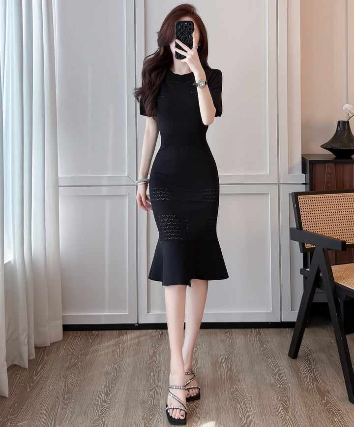 【dress】半袖ニットマーメイドワンピース Q8494