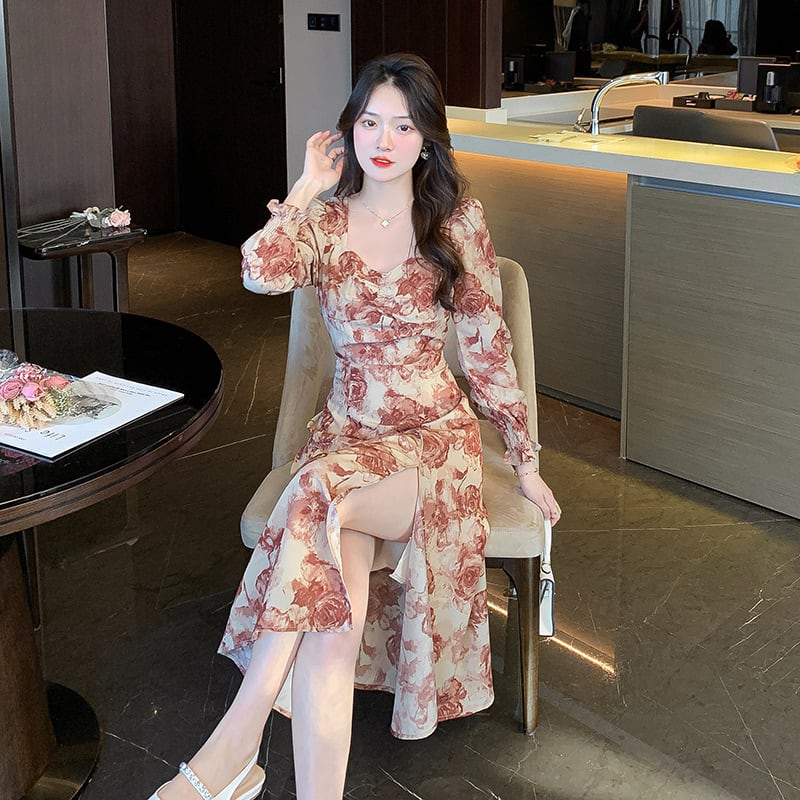 【dress】話題沸騰中 オシャレスリット花柄ワンピース　M17306
