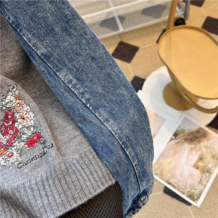 【tops】刺繍デニム切り替えニットセーター　M17706