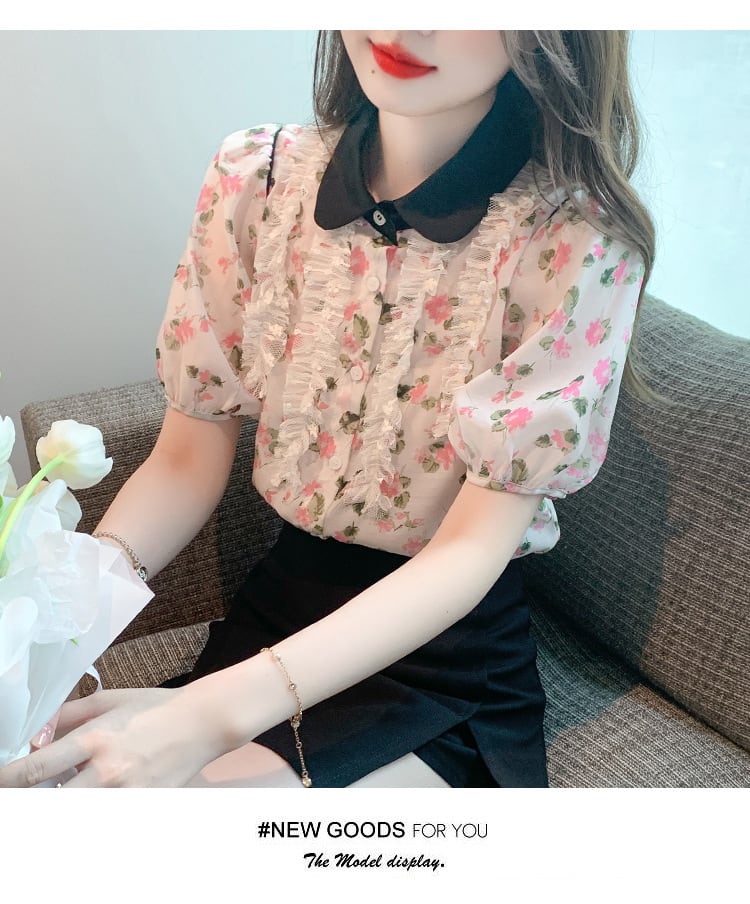 【tops】美人度アップスウィート折り襟花柄シャツトップス　M16883