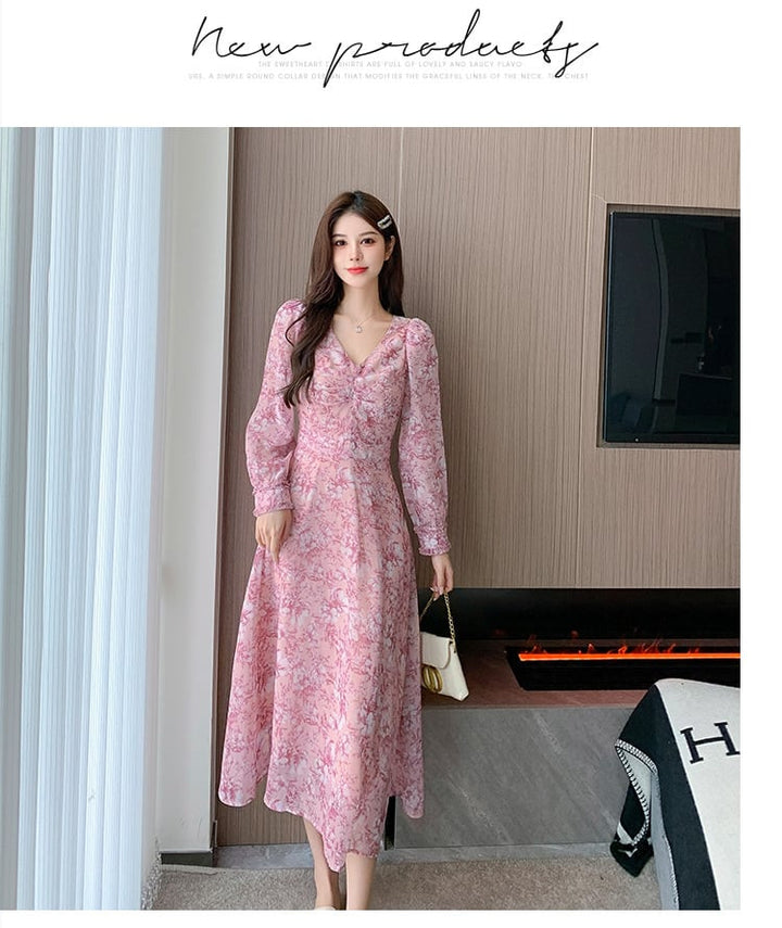 【dress】細身効果抜群♪Vネックスウィート花柄ワンピース　M17257