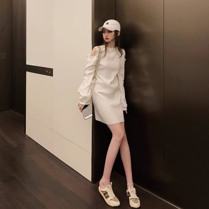 【dress】オープンショルダーニットワンピース Q7576