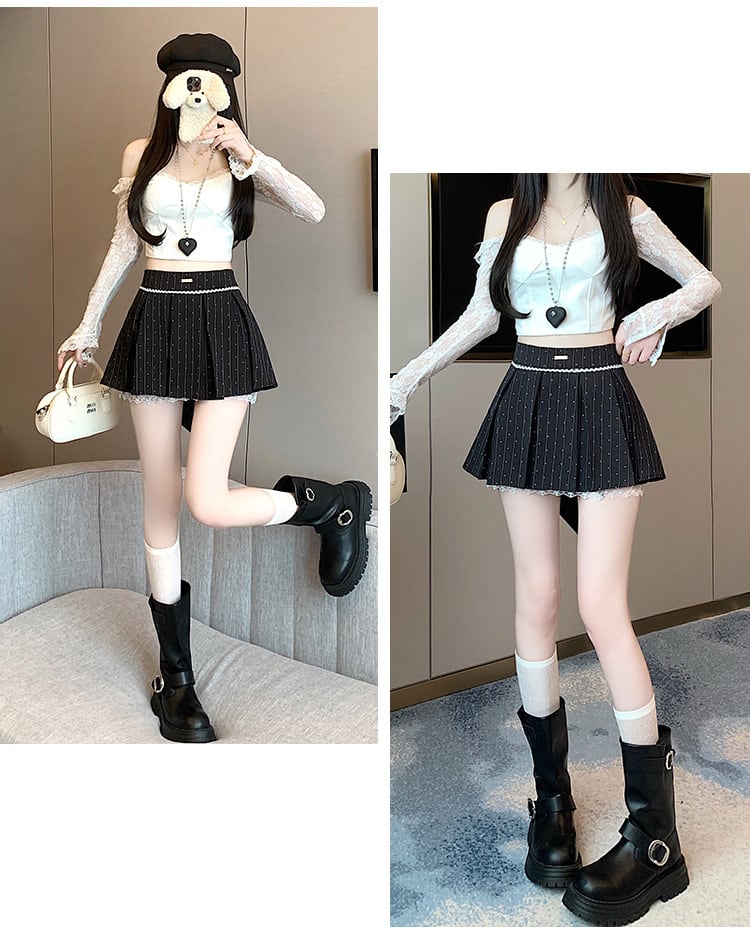 【bottoms】プリーツレース切り替えスカート　M29406