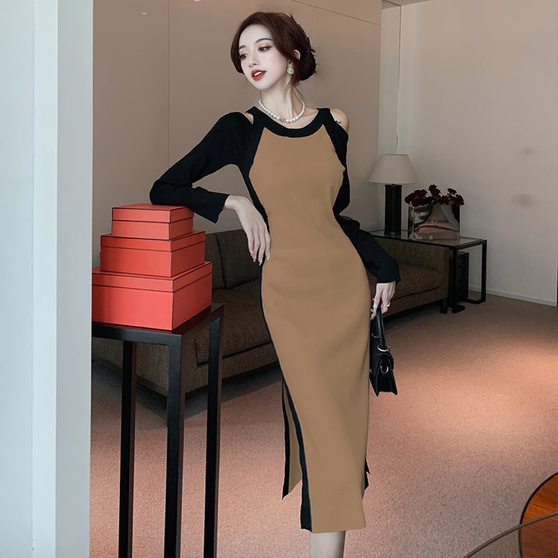 【dress】オフショルダースリットニットワンピース　M17920